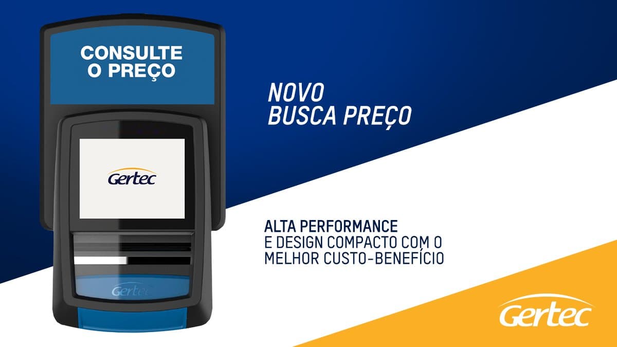 O Terminal de Consulta Busca Preço Gertec em fundo azul e branco, com a frase "Novo Busca Preço" anunciando o produto